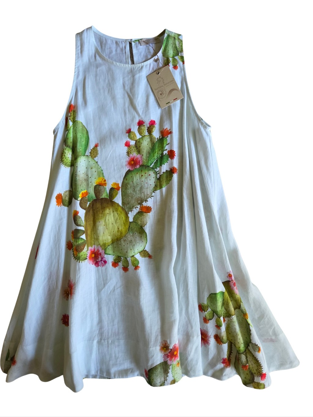 Sartoria Saracena Nwt White Linen Easy Swing Sleeveless Cactus Print Lg